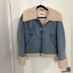 Zara Blue Denim Moto Jacket with Cream Sherpa Lining